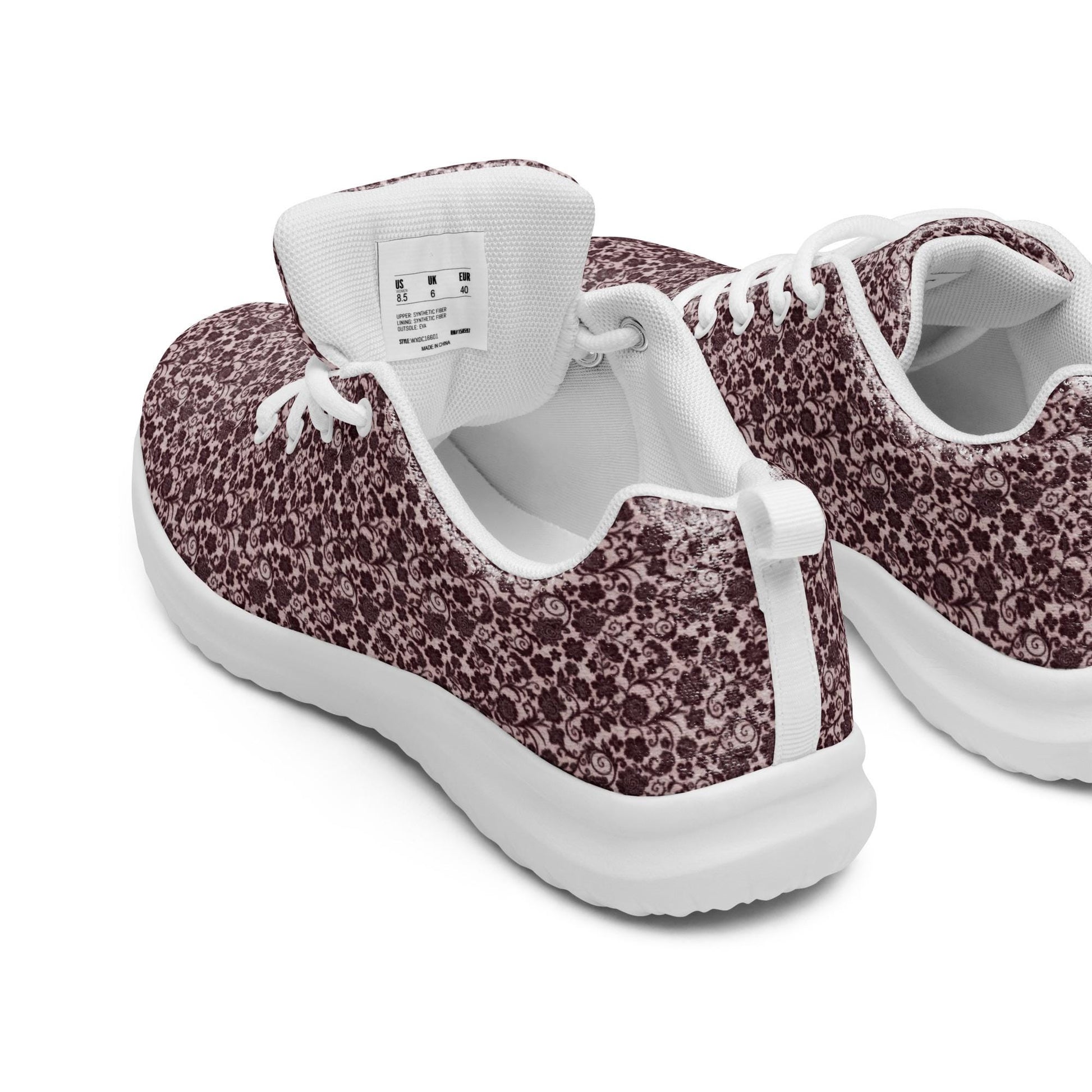 Women’s athletic shoes, Burgandy lace all over print classy sophisticated design casual workout work sporty sneaker jean pairing shoe