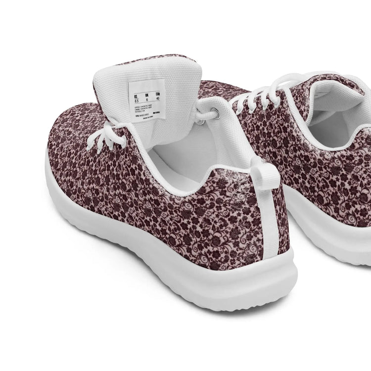 Women’s athletic shoes, Burgandy lace all over print classy sophisticated design casual workout work sporty sneaker jean pairing shoe