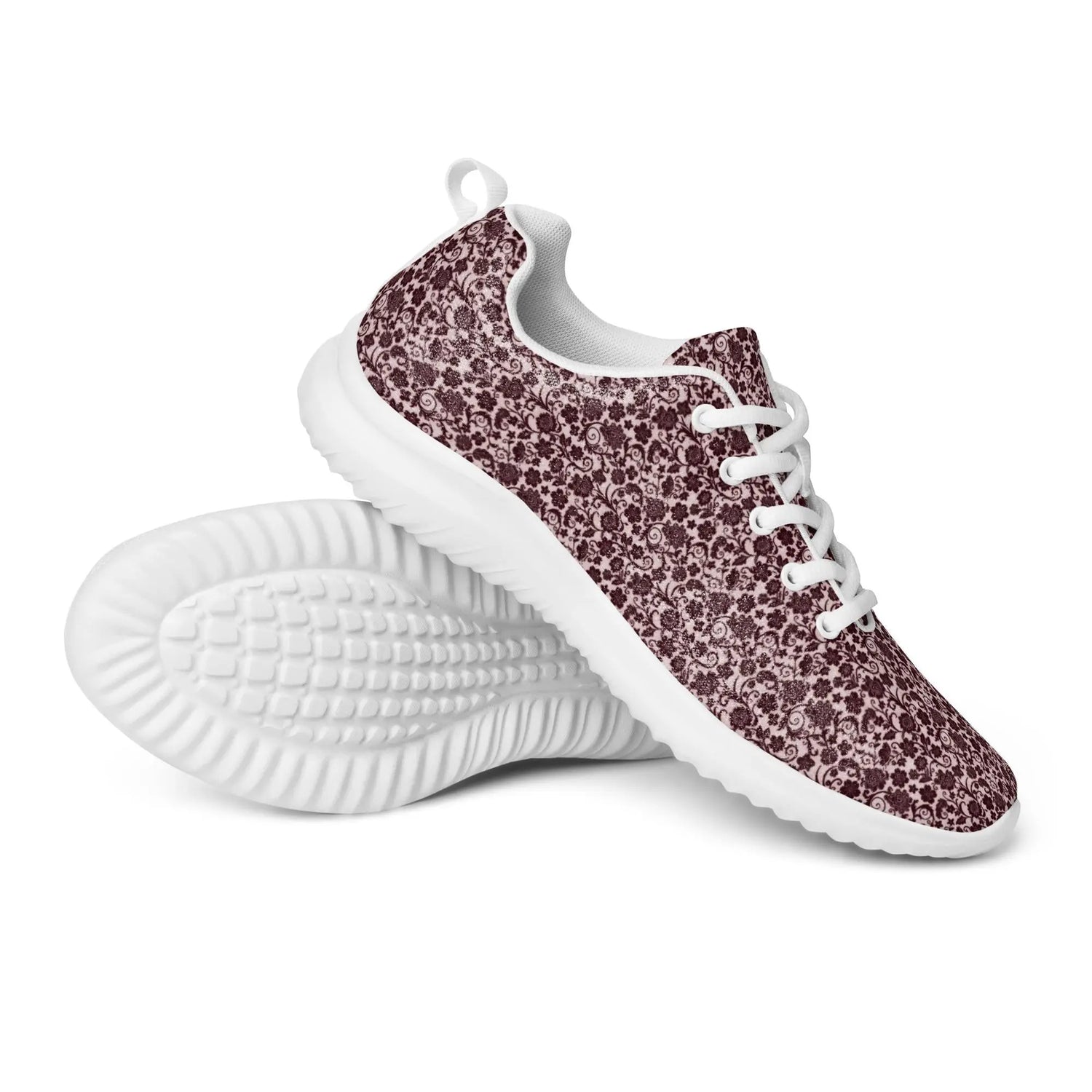 Women’s athletic shoes, Burgandy lace all over print classy sophisticated design casual workout work sporty sneaker jean pairing shoe