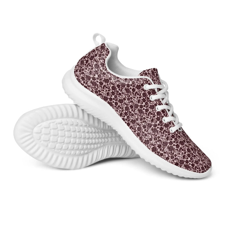 Women’s athletic shoes, Burgandy lace all over print classy sophisticated design casual workout work sporty sneaker jean pairing shoe