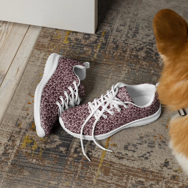 Women’s athletic shoes, Burgandy lace all over print classy sophisticated design casual workout work sporty sneaker jean pairing shoe