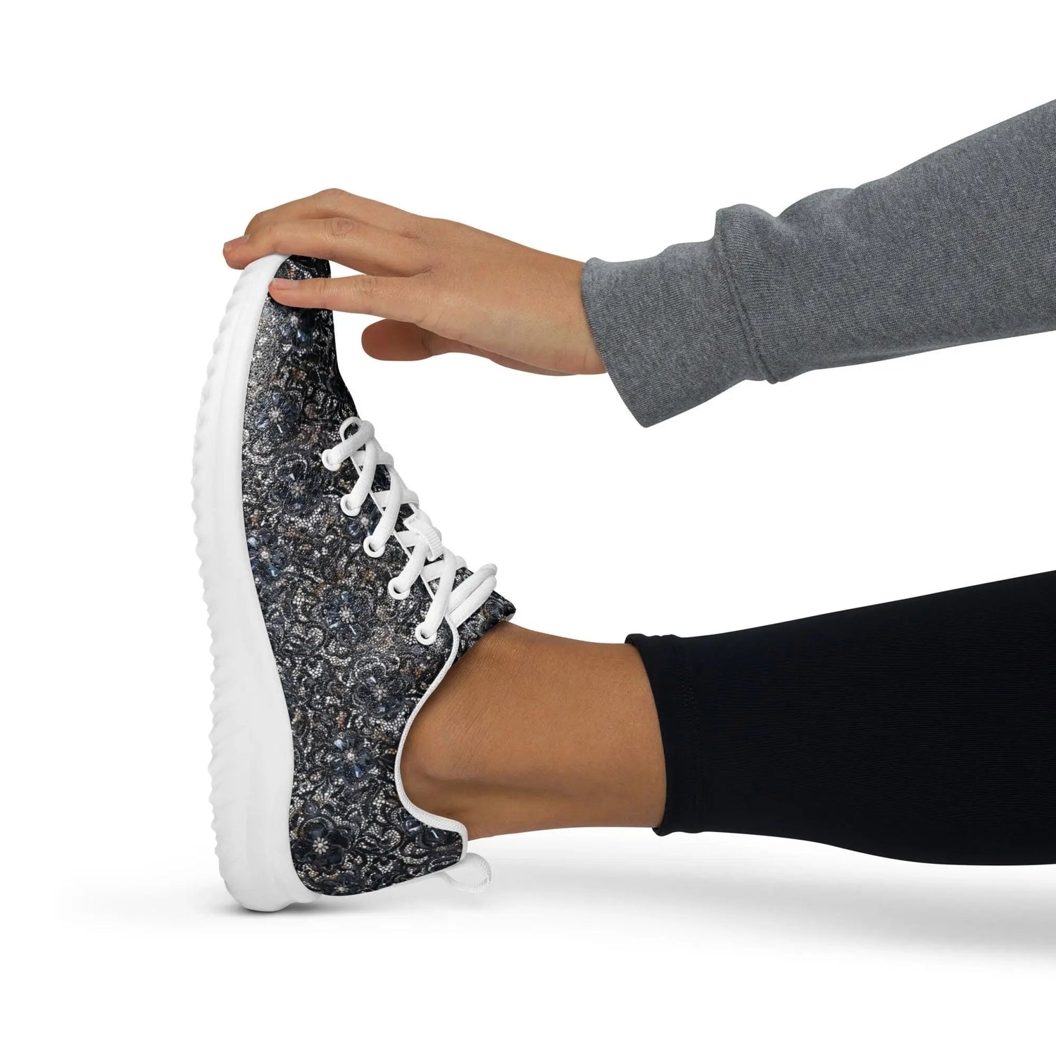 Women’s athletic shoes, sexy chic casual sporty black lace pattern print work gym travel comfy soft light breathable designer sneaker