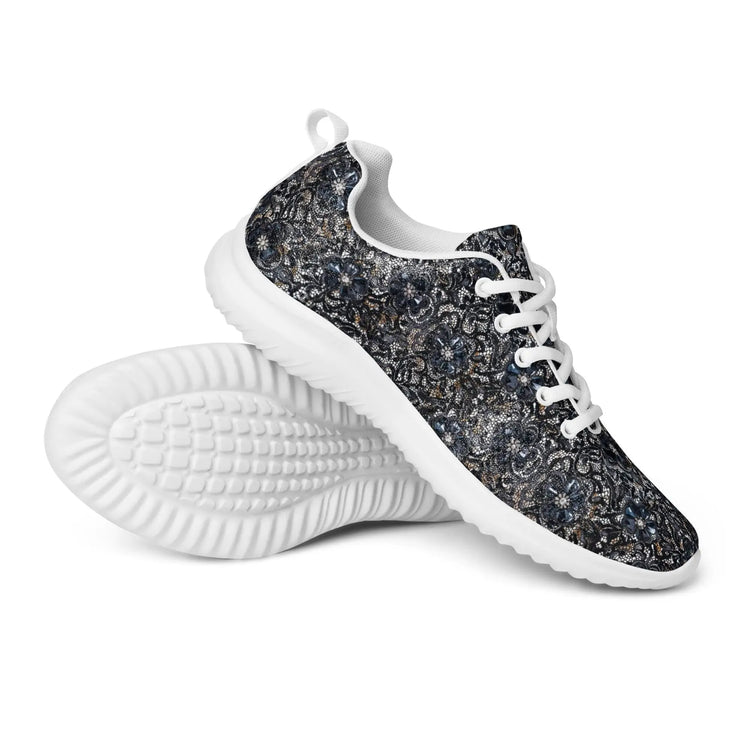 Women’s athletic shoes, sexy chic casual sporty black lace pattern print work gym travel comfy soft light breathable designer sneaker