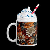 Fall 3D floral white glossy mug Autumn holiday colored coffee tea hot chocolate office home kitchen accent everyday casual beverage cup The Aurora Touch