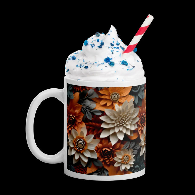 Fall 3D floral white glossy mug Autumn holiday colored coffee tea hot chocolate office home kitchen accent everyday casual beverage cup The Aurora Touch