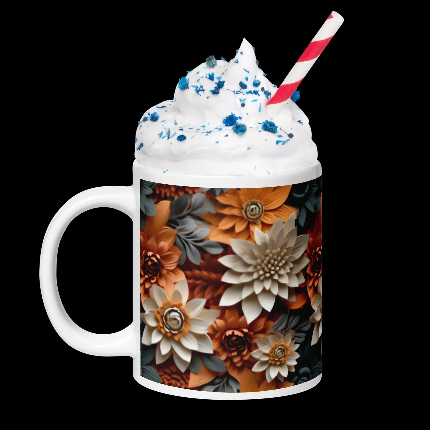 Fall 3D floral white glossy mug Autumn holiday colored coffee tea hot chocolate office home kitchen accent everyday casual beverage cup The Aurora Touch