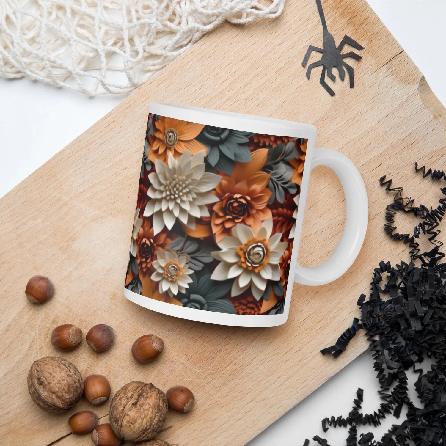 Fall 3D floral white glossy mug Autumn holiday colored coffee tea hot chocolate office home kitchen accent everyday casual beverage cup The Aurora Touch