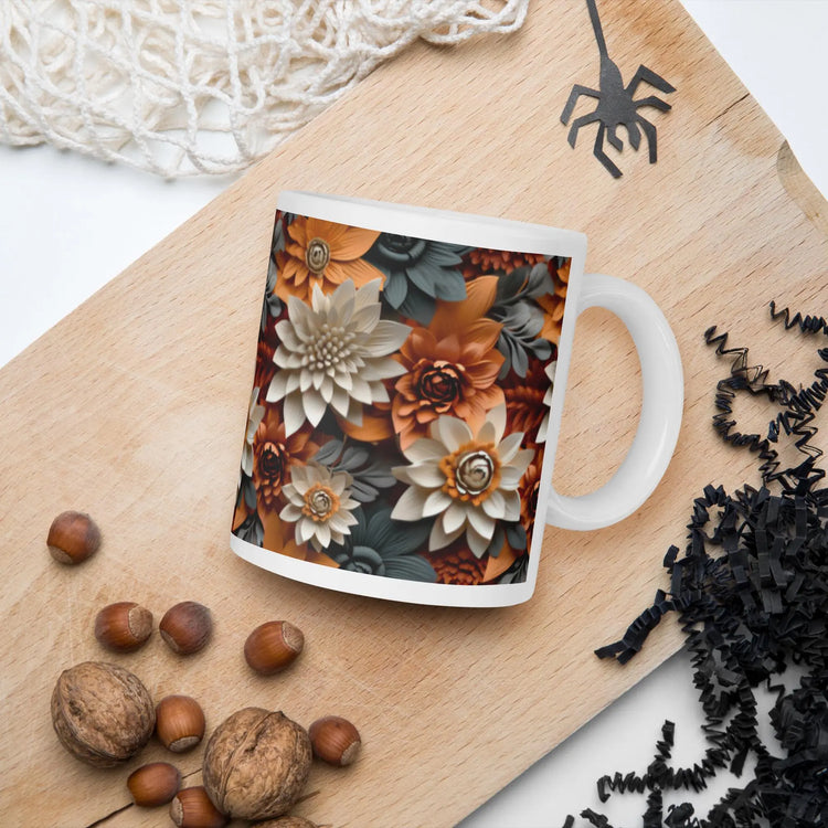 Fall 3D floral white glossy mug Autumn holiday colored coffee tea hot chocolate office home kitchen accent everyday casual beverage cup The Aurora Touch