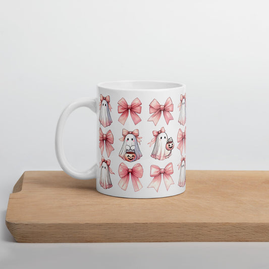 Halloween croquette glossy mug pink all over pattern holiday pretty pink print design kitchen home friendly ghost novelty beverage cup
