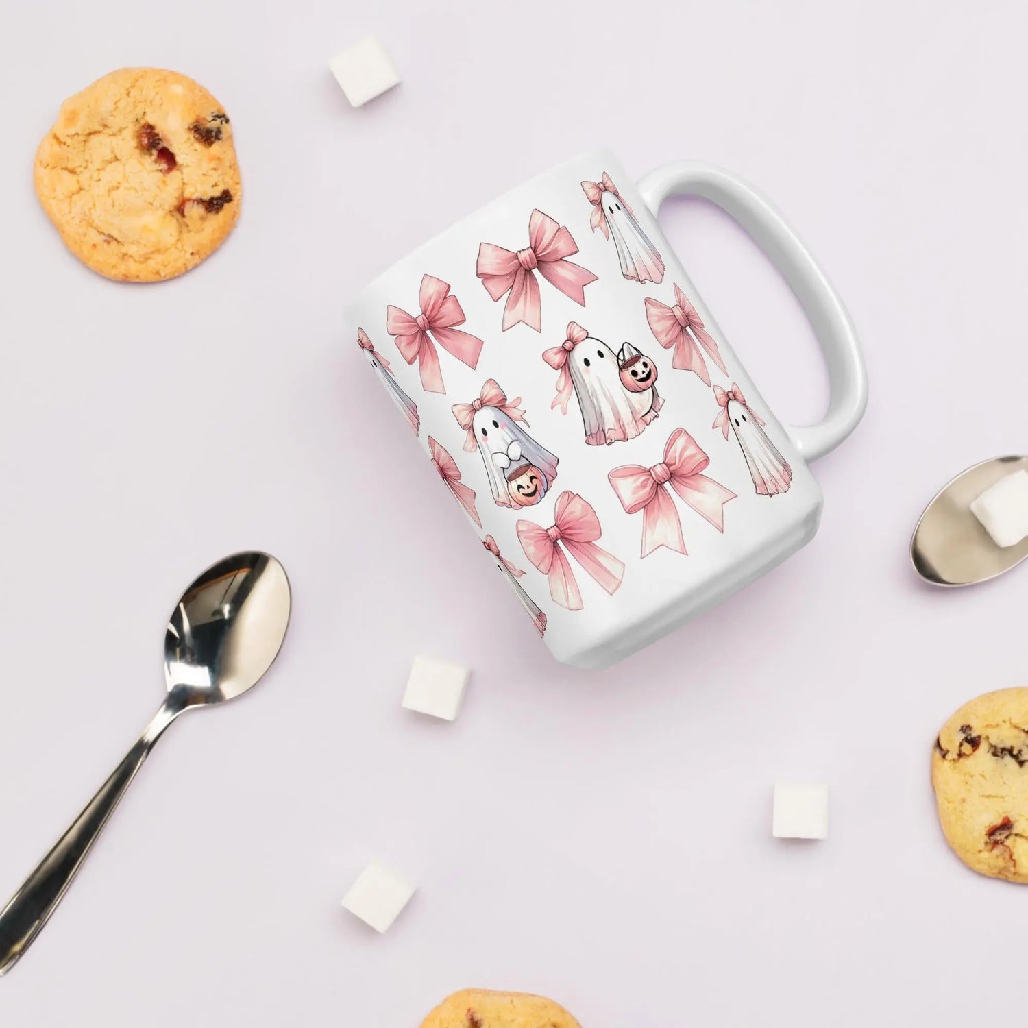 Halloween croquette glossy mug pink all over pattern holiday pretty pink print design kitchen home friendly ghost novelty beverage cup The Aurora Touch