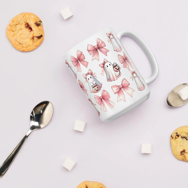 Halloween croquette glossy mug pink all over pattern holiday pretty pink print design kitchen home friendly ghost novelty beverage cup The Aurora Touch