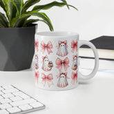 Halloween croquette glossy mug pink all over pattern holiday pretty pink print design kitchen home friendly ghost novelty beverage cup The Aurora Touch