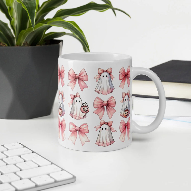 Halloween croquette glossy mug pink all over pattern holiday pretty pink print design kitchen home friendly ghost novelty beverage cup The Aurora Touch