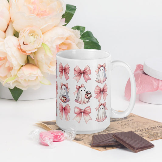 Halloween croquette glossy mug pink all over pattern holiday pretty pink print design kitchen home friendly ghost novelty beverage cup