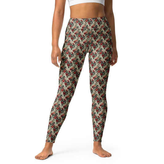 Yoga floral Leggings red roses all over pattern design pilates gym running walking shopping sweater hoodie pairing fashion stretchy pants