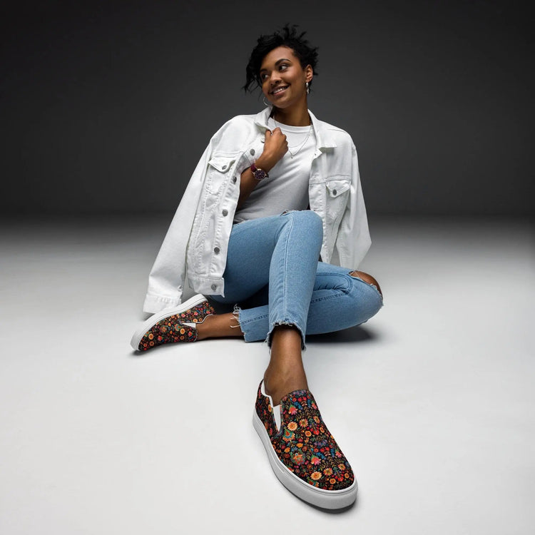 Women’s slip-on bright Mexican traditional floral all over print pattern design casual fashion college student everyday girl canvas shoes