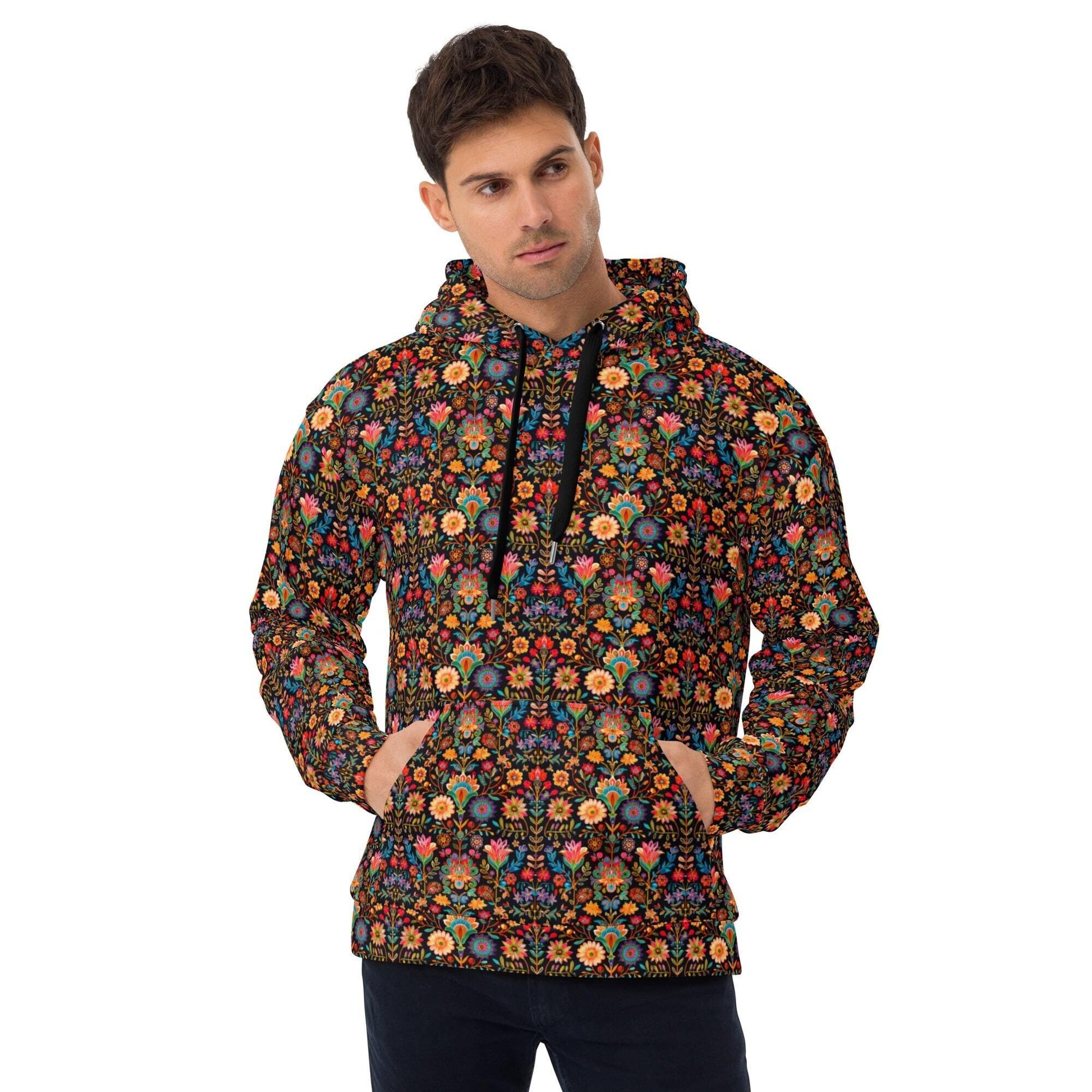 Men&#39;s vibrant colorful all over print design casual warm cozy cuddle up weather school work outside clothing wear hoodie sweatshirt
