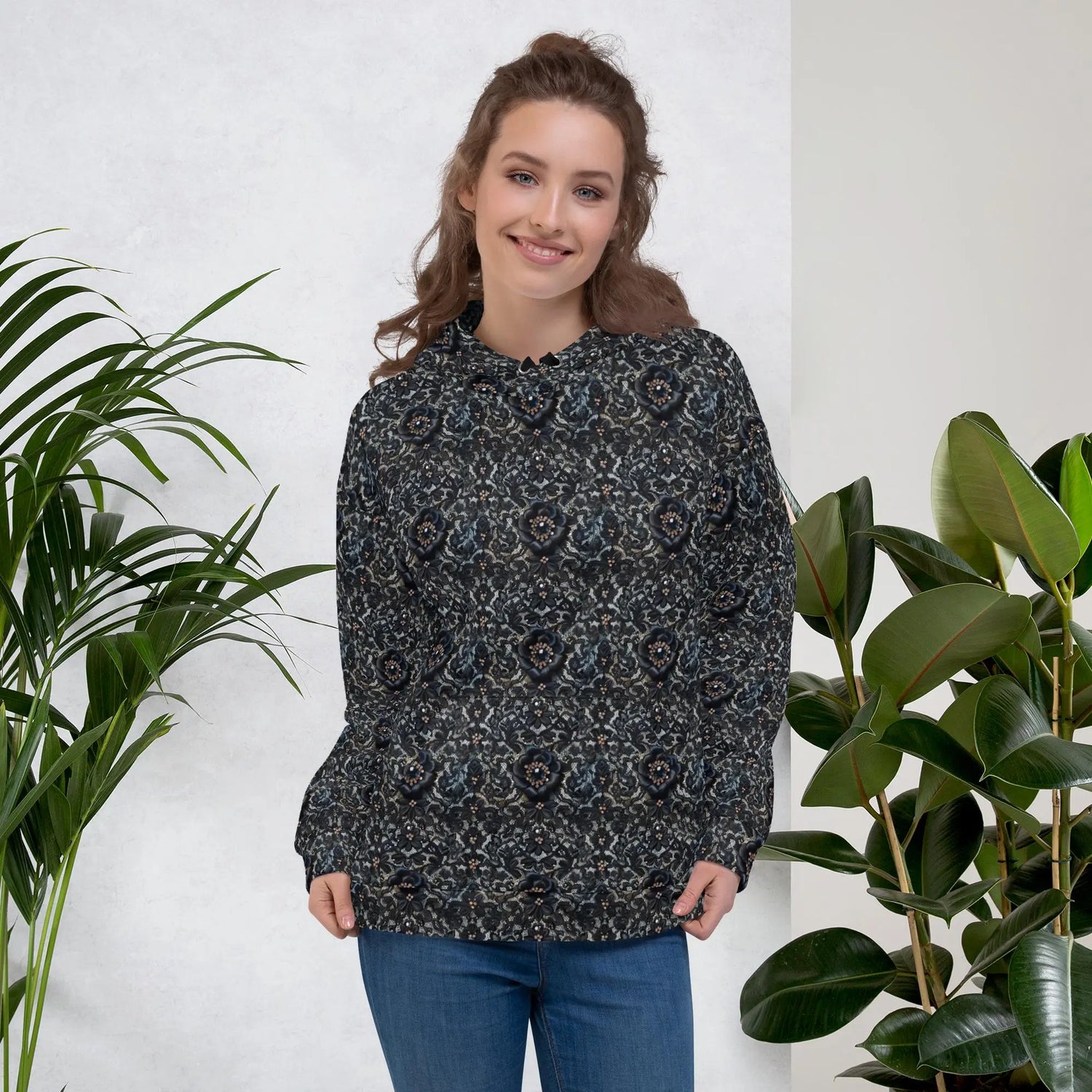 Female Black Lace Print Sublimation Pattern Hoodie The Aurora Touch
