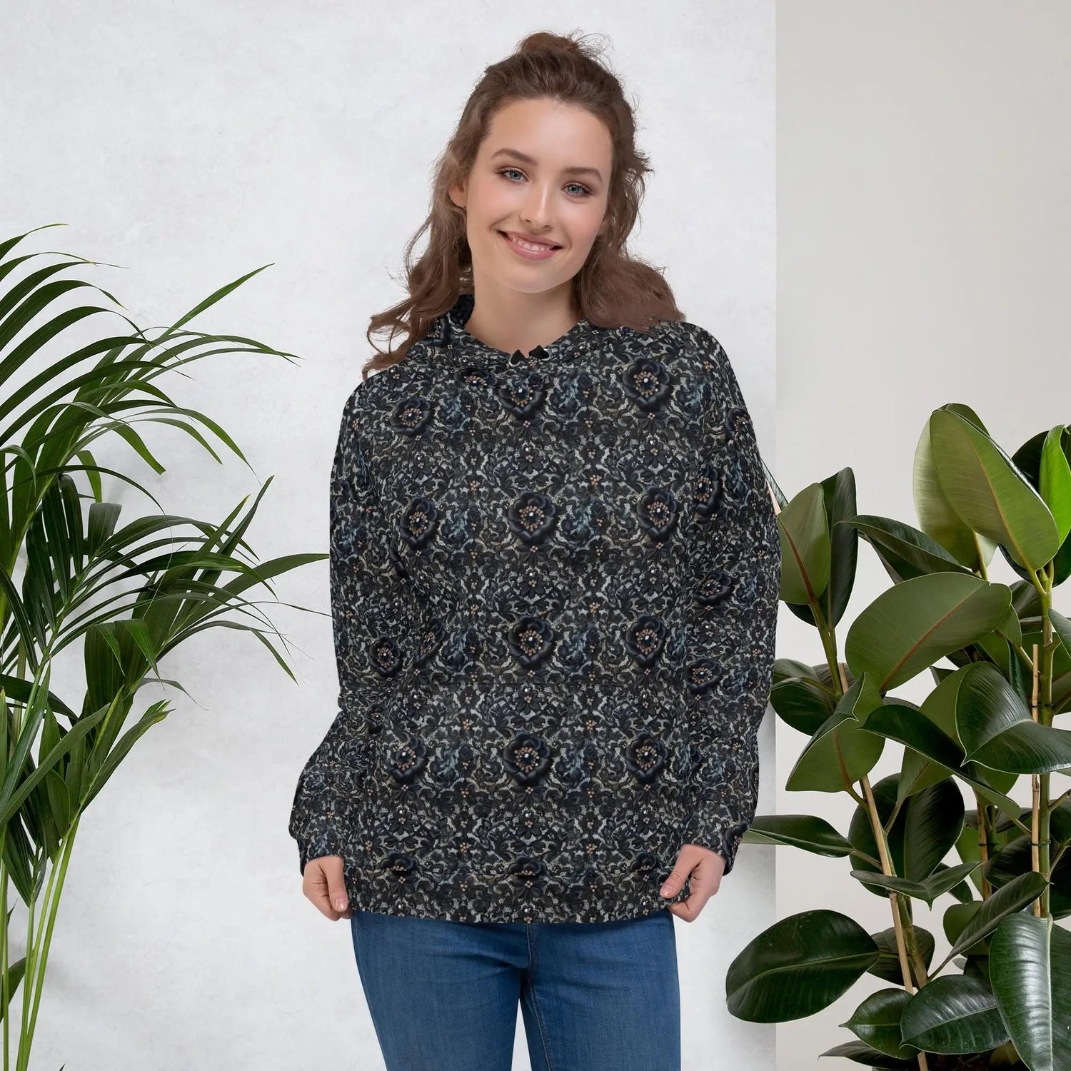 Female black floral lace all over pattern comfy casual soft school work travel jeans winter holiday hoodie sweatshirt great gift