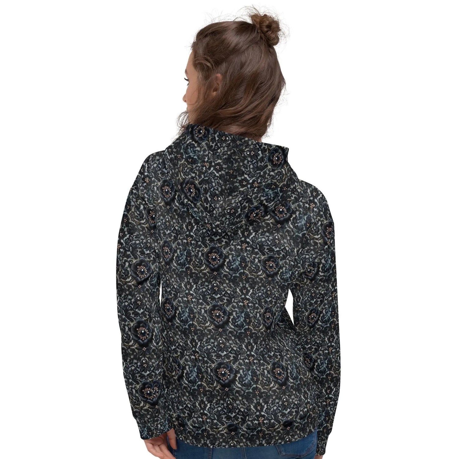 Female black floral lace all over pattern comfy casual soft school work travel jeans winter holiday hoodie sweatshirt great gift