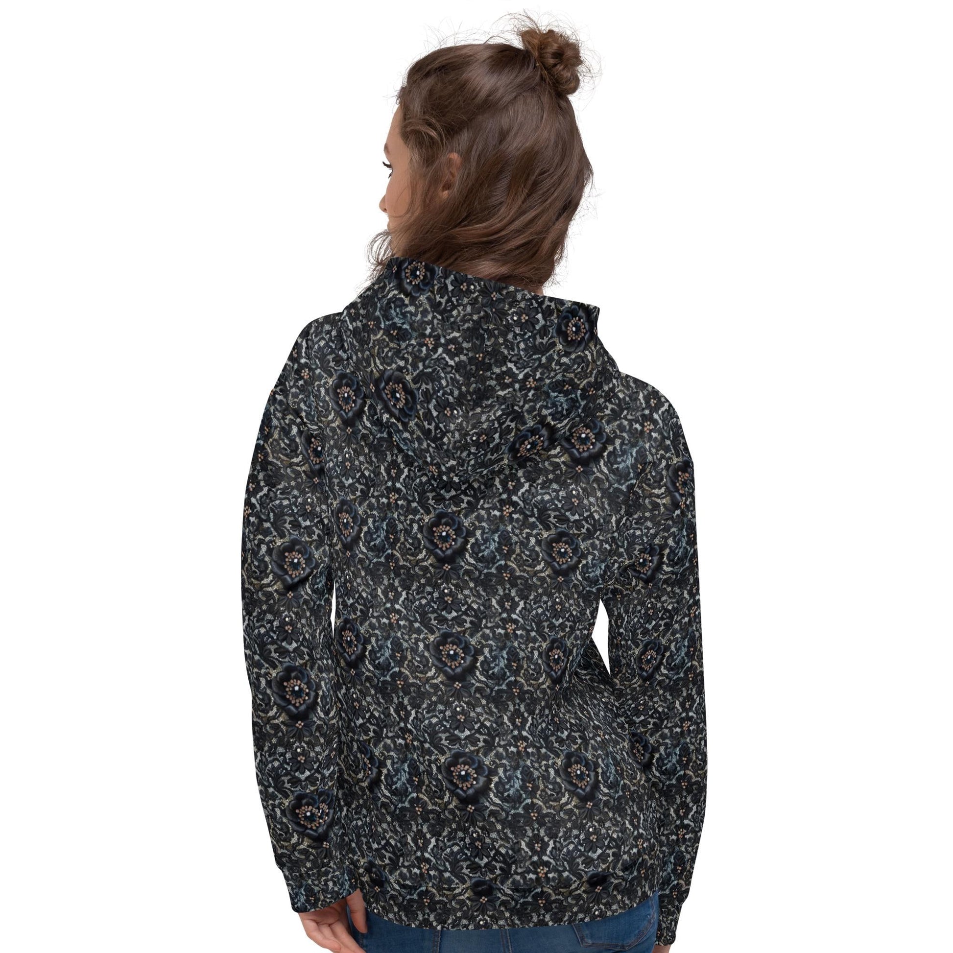 Female black floral lace all over pattern comfy casual soft school work travel jeans winter holiday hoodie sweatshirt great gift