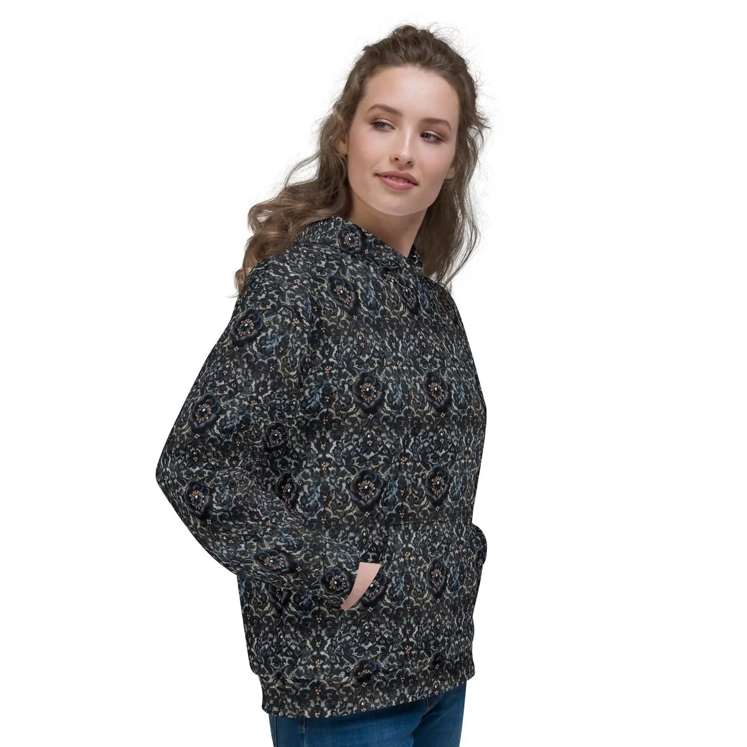 Female black floral lace all over pattern comfy casual soft school work travel jeans winter holiday hoodie sweatshirt great gift