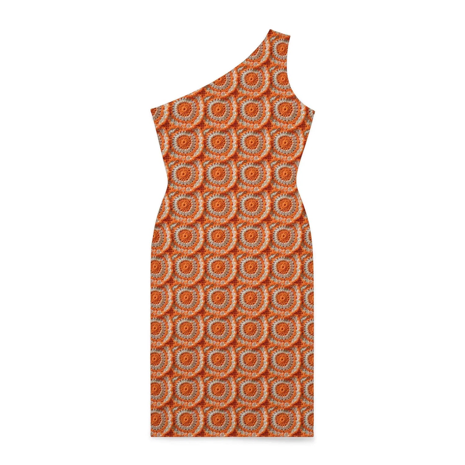 Shoulder Dress (AOP), Orange bright crotchet all over patter design cocktail knee high sexy seemless dinner special event outfit The Aurora Touch
