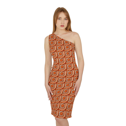 Shoulder Dress (AOP), Orange bright crotchet all over patter design cocktail knee high sexy seemless dinner special event outfit