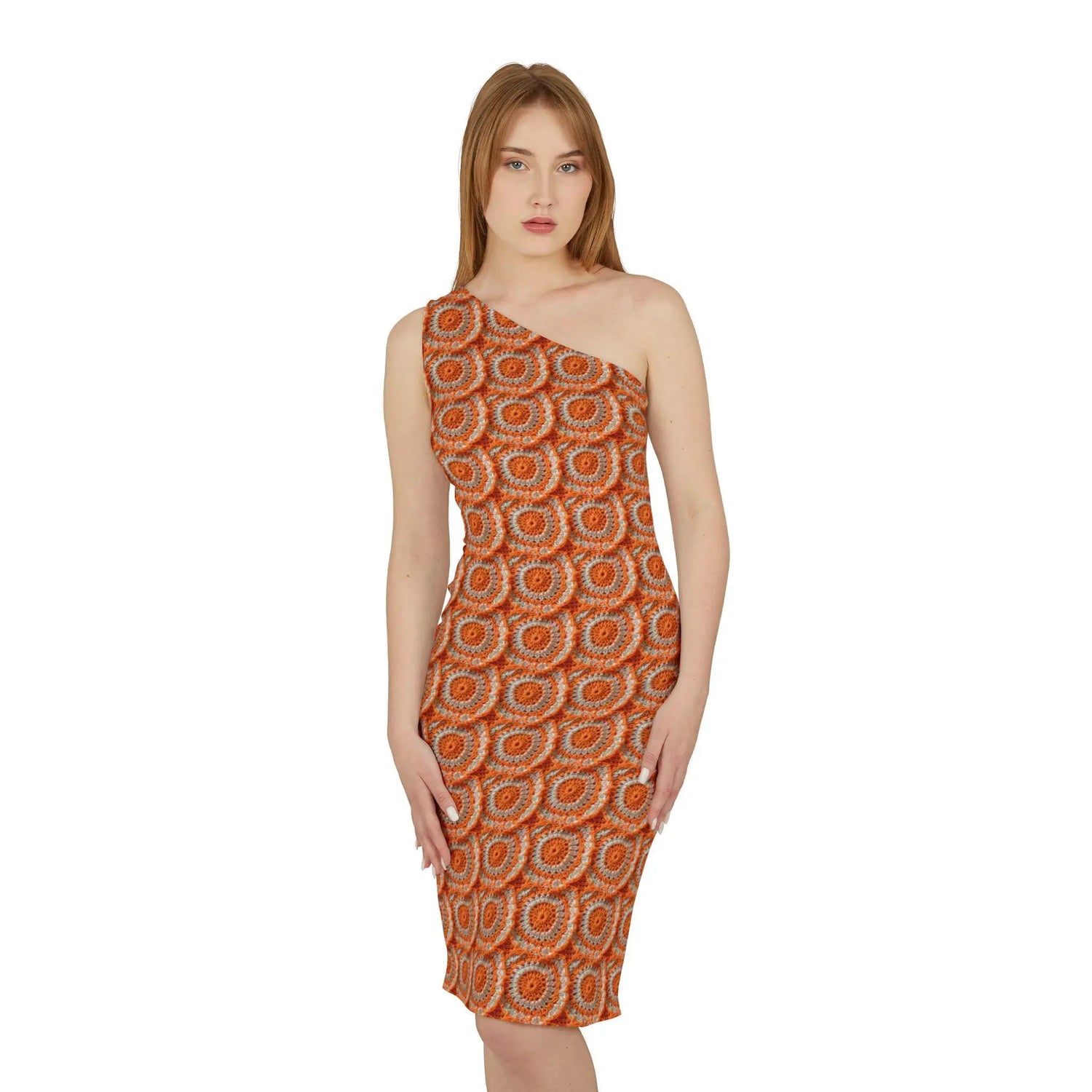 Shoulder Dress (AOP), Orange bright crotchet all over patter design cocktail knee high sexy seemless dinner special event outfit