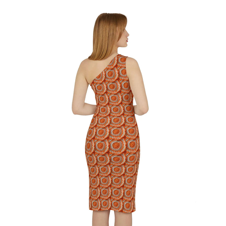 Shoulder Dress (AOP), Orange bright crotchet all over patter design cocktail knee high sexy seemless dinner special event outfit The Aurora Touch