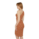 Shoulder Dress (AOP), Orange bright crotchet all over patter design cocktail knee high sexy seemless dinner special event outfit The Aurora Touch
