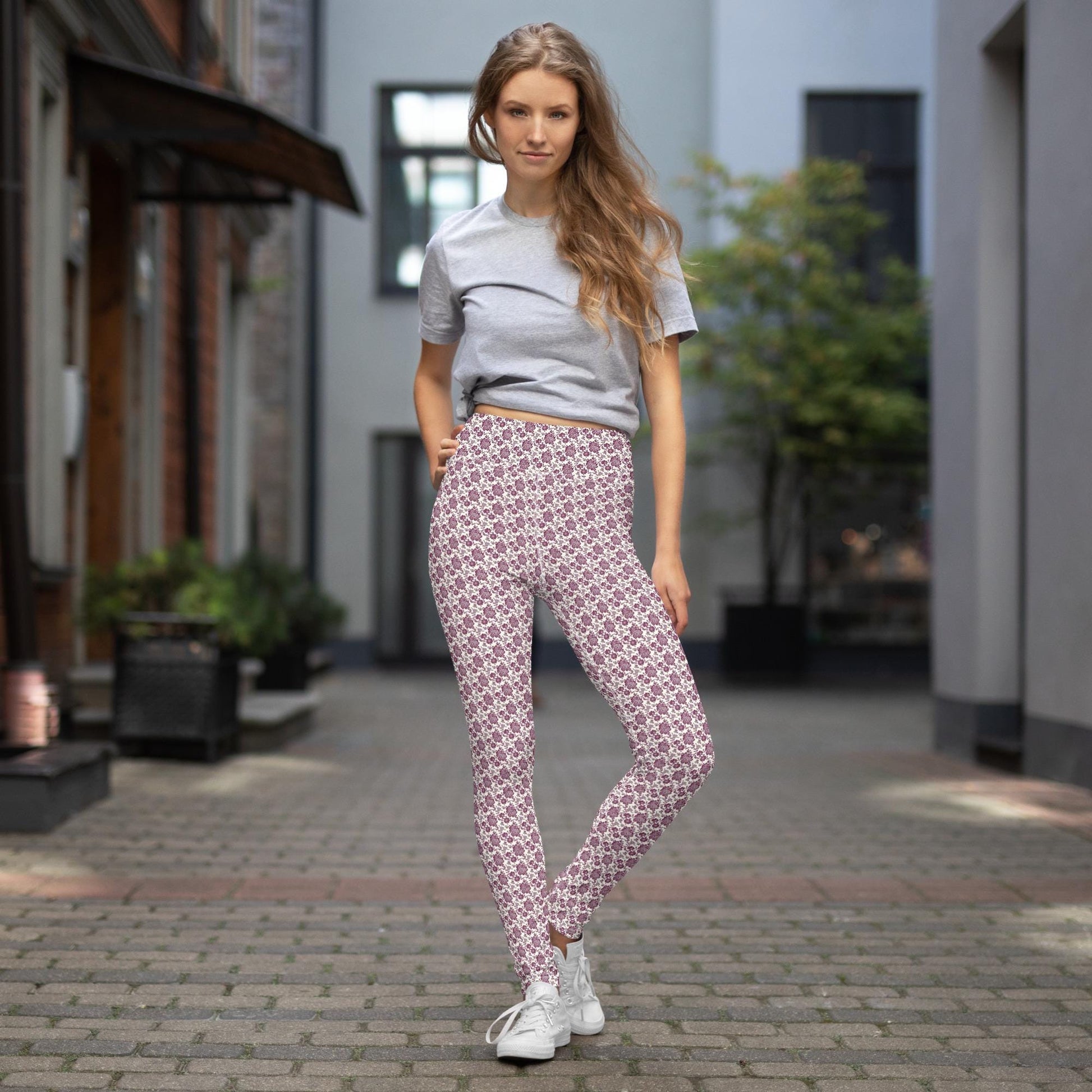 Yoga Leggings, Burgandy floral all over pattern design stretchy comfy flexible workout gym casual stylish pants