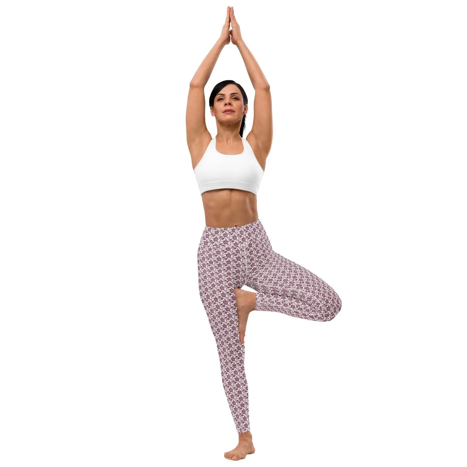 Yoga Leggings, Burgandy floral all over pattern design stretchy comfy flexible workout gym casual stylish pants