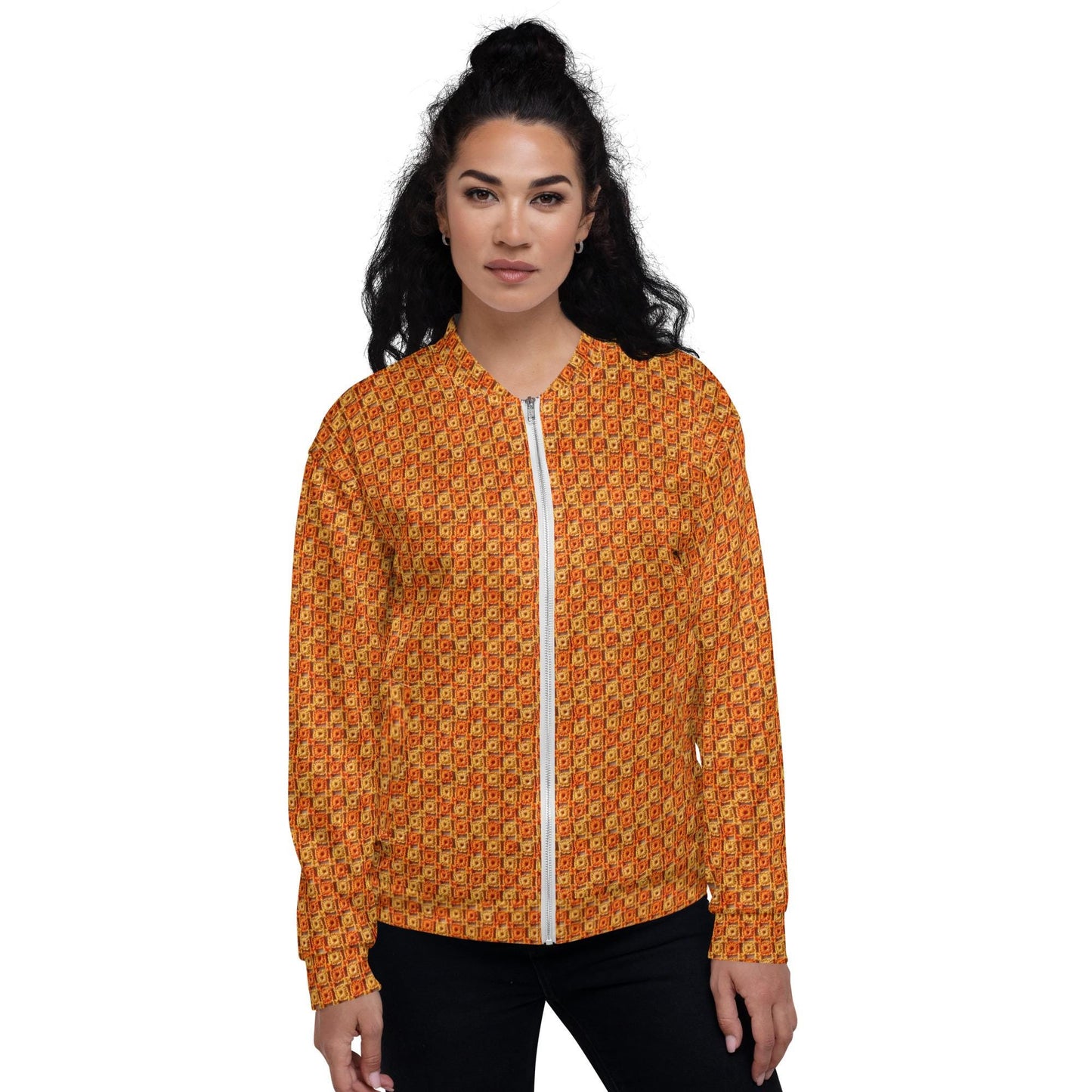 Unisex Bomber Jacket, women men orange crotchet all over print stylish design casual modern day special event every day designer clothing