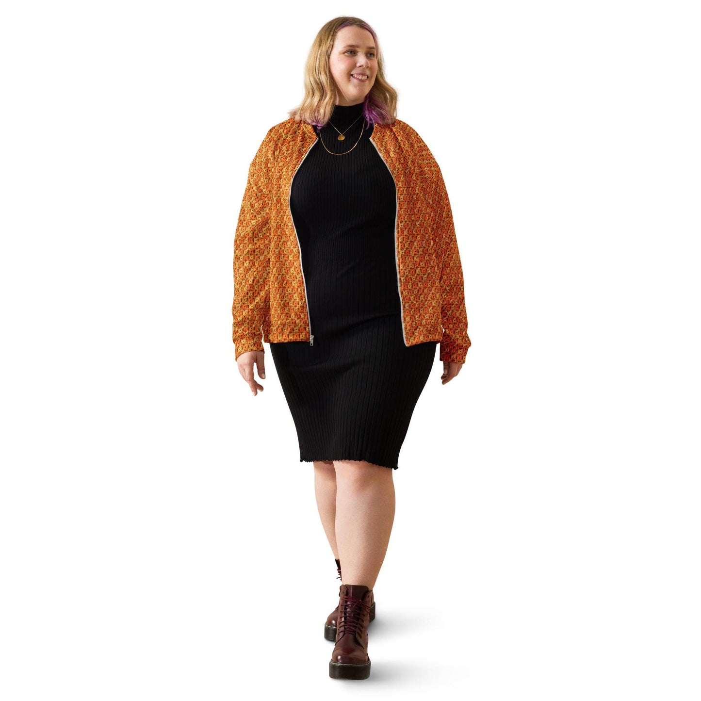 Unisex Bomber Jacket, women men orange crotchet all over print stylish design casual modern day special event every day designer clothing