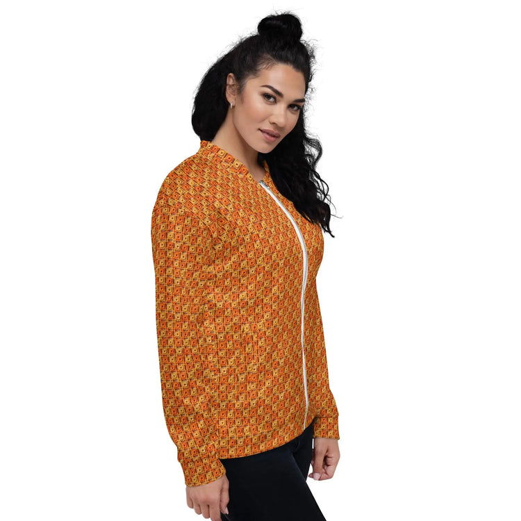 Unisex Bomber Jacket, women men orange crotchet all over print stylish design casual modern day special event every day designer clothing