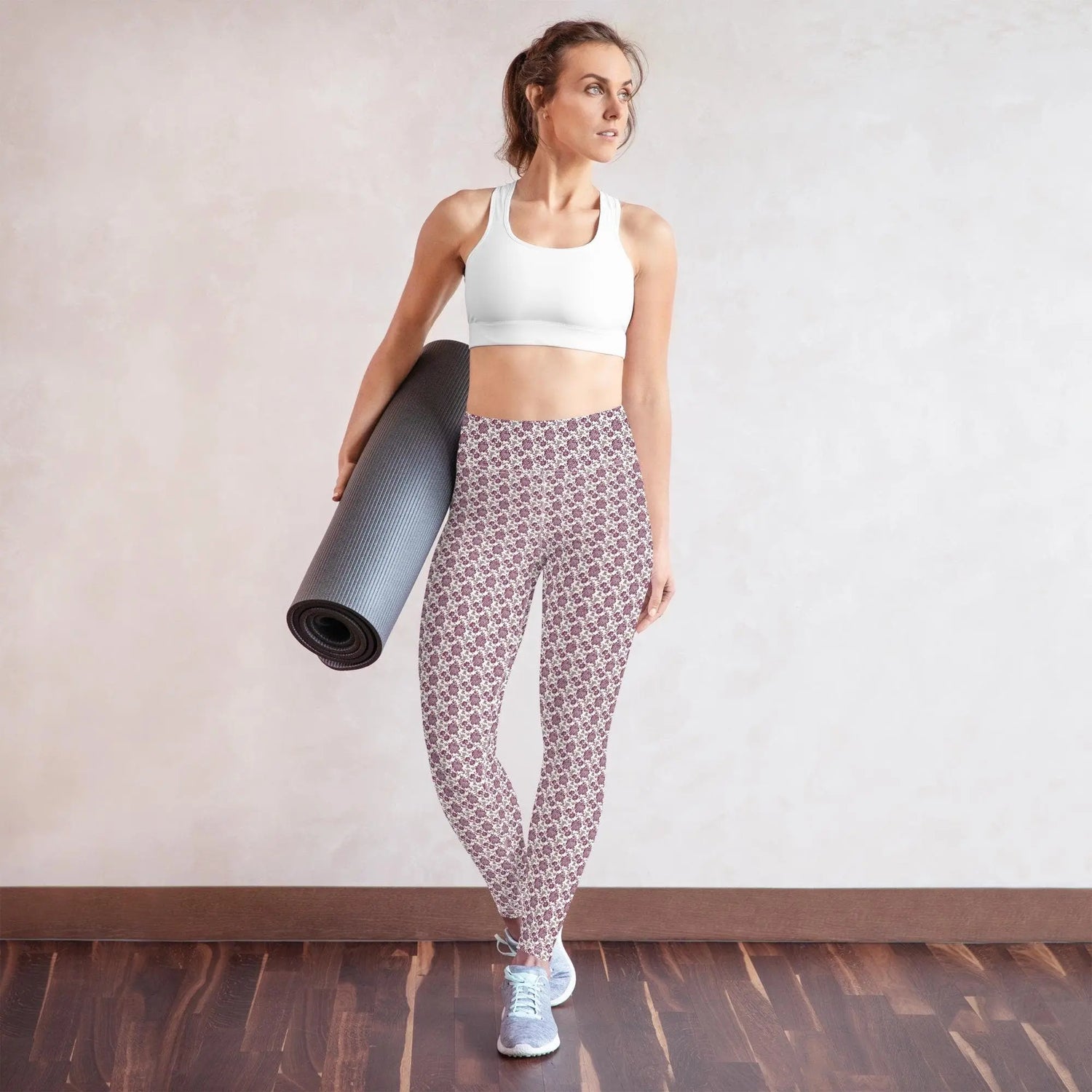 Yoga Leggings, Burgandy floral all over pattern design stretchy comfy flexible workout gym casual stylish pants The Aurora Touch