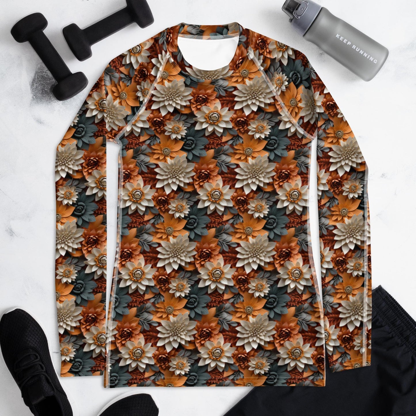Women&#39;s Rash Guard, Autumn Fall 3D floral pattern long sleeve womens workout casual wear leggings jean smooth shirt