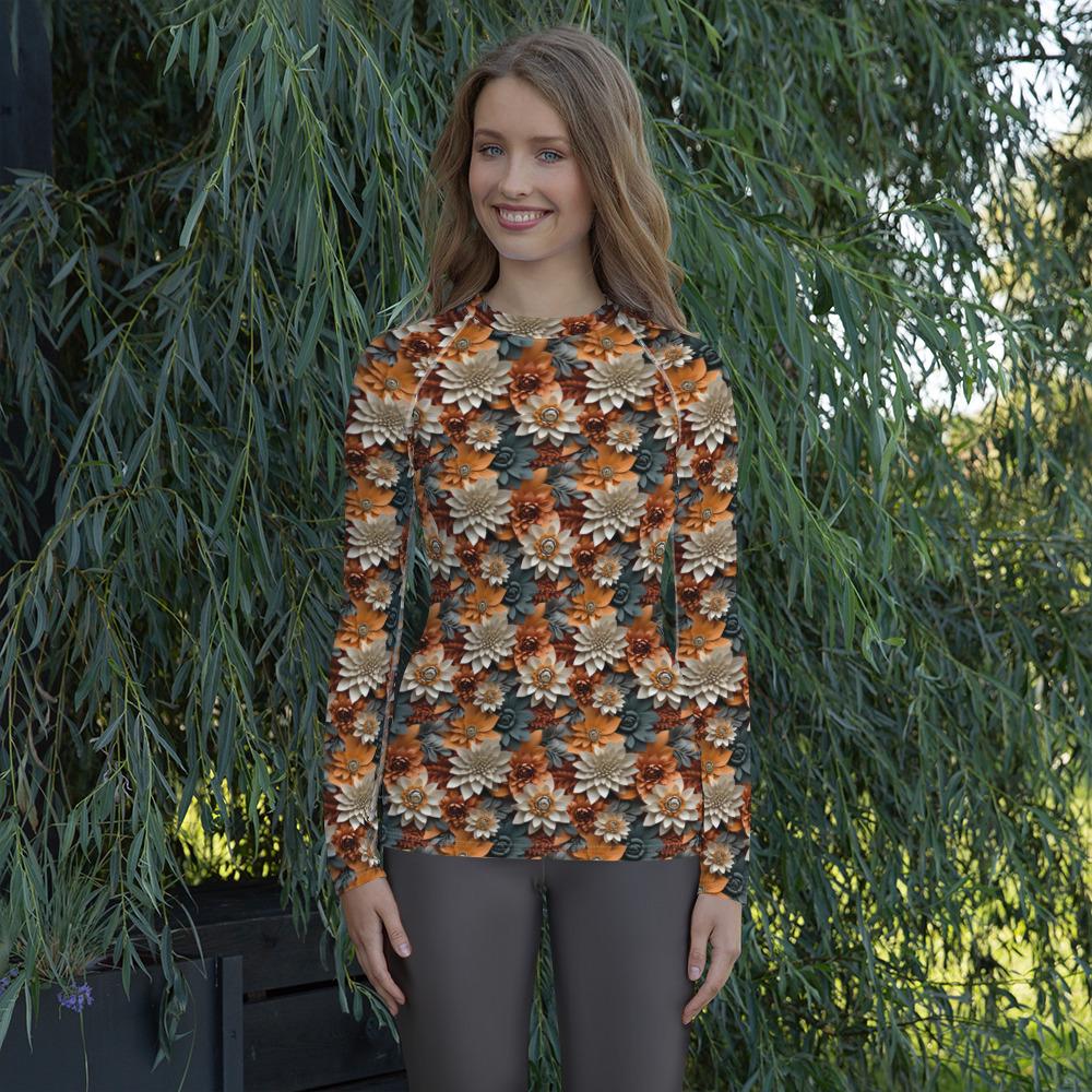 Women&#39;s Rash Guard, Autumn Fall 3D floral pattern long sleeve womens workout casual wear leggings jean smooth shirt