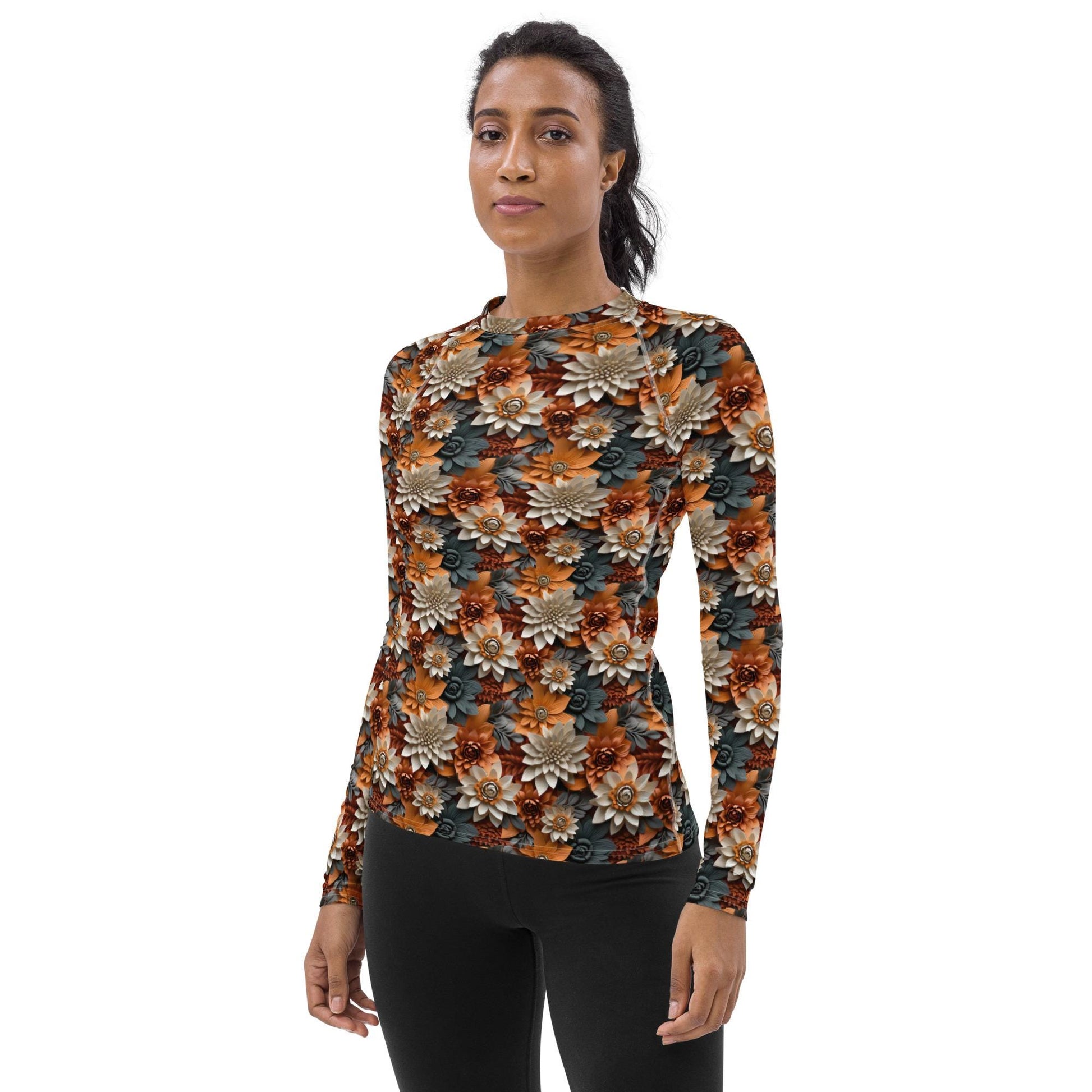 Women&#39;s Rash Guard, Autumn Fall 3D floral pattern long sleeve womens workout casual wear leggings jean smooth shirt