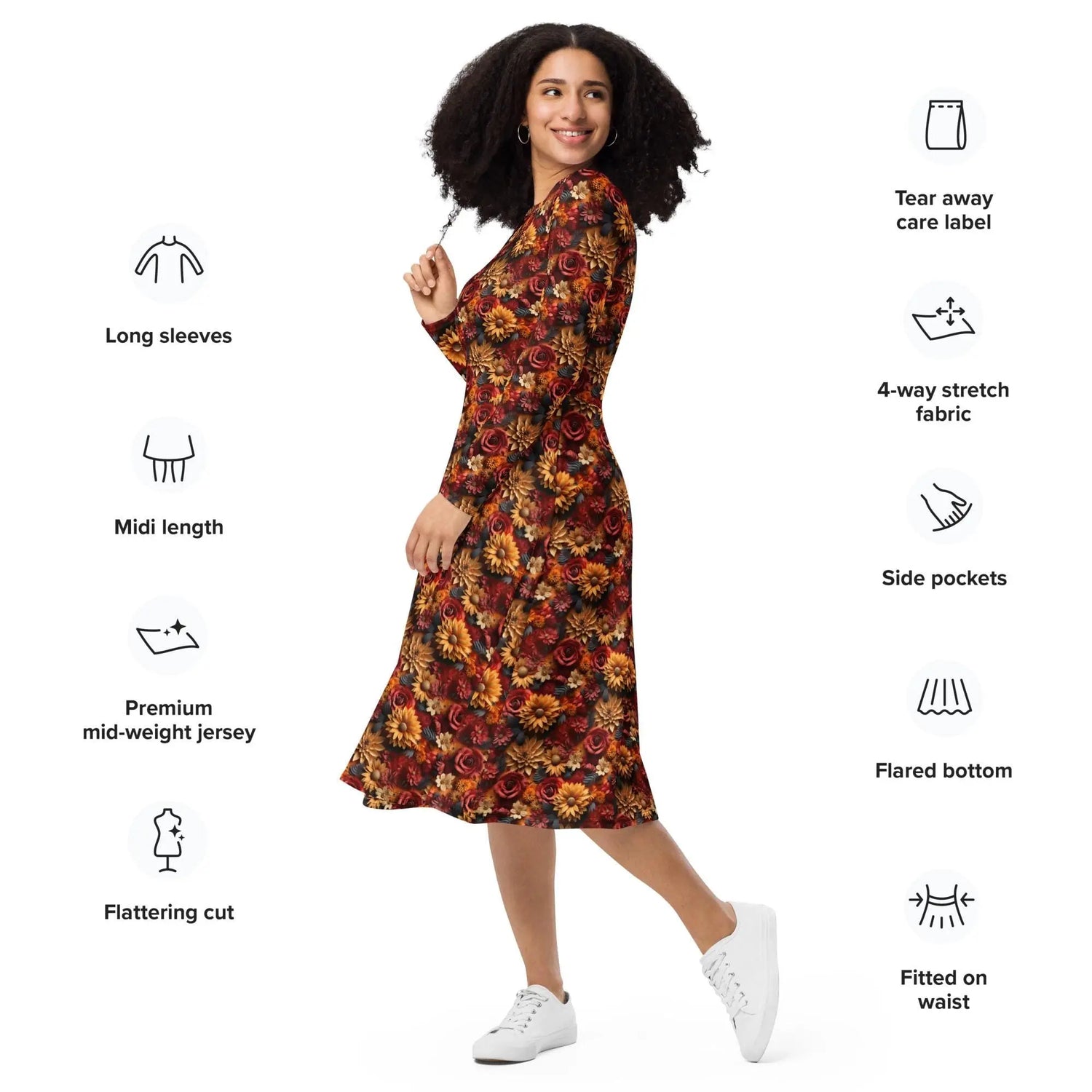 All-over print long sleeve midi dress. Autumn Fall 3D all over print pattern stylish runway high fashion holiday special floral dress