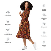All-over print long sleeve midi dress. Autumn Fall 3D all over print pattern stylish runway high fashion holiday special floral dress