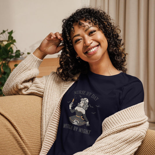 Women's Relaxed T-Shirt, Humorous Nurse Halloween Fall casual novelty funny print design work everyday shirt