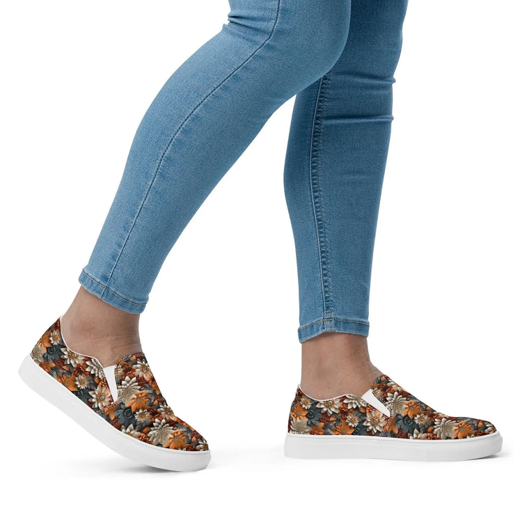 Women’s slip-on canvas shoes, Fall leaves floral all over pattern print design casual everyday walking working school fashion shoe wear