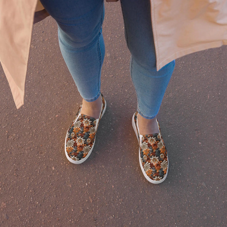 Women’s slip-on canvas shoes, Fall leaves floral all over pattern print design casual everyday walking working school fashion shoe wear