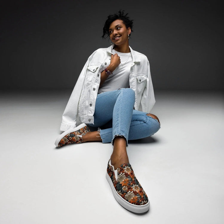 Women’s slip-on canvas shoes, Fall leaves floral all over pattern print design casual everyday walking working school fashion shoe wear