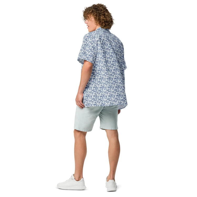 Unisex button shirt, Mens all over print pattern light airy casual everyday jean short trendy stylish youthful travel tropical style shirt