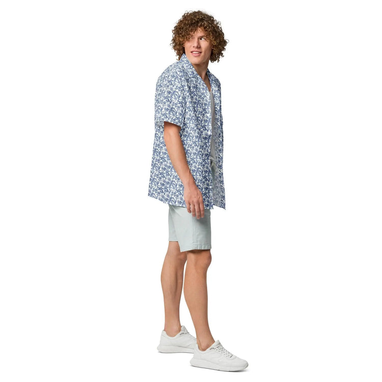 Unisex button shirt, Mens all over print pattern light airy casual everyday jean short trendy stylish youthful travel tropical style shirt
