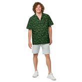 Unisex button shirt, green floral all over print pattern casual breezy light weight everyday men&
