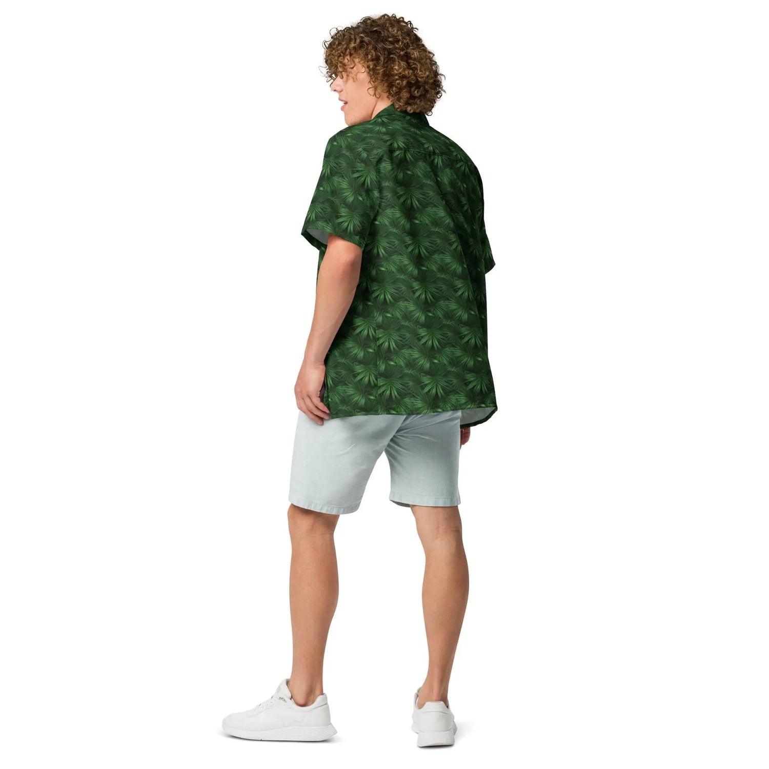 Unisex button shirt, green floral all over print pattern casual breezy light weight everyday men&